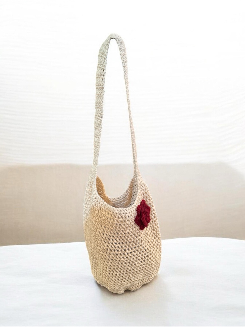 NWOT Handcrafted Cream Crochet Market Bag with Burgundy Accent Flower/Sun/Boho